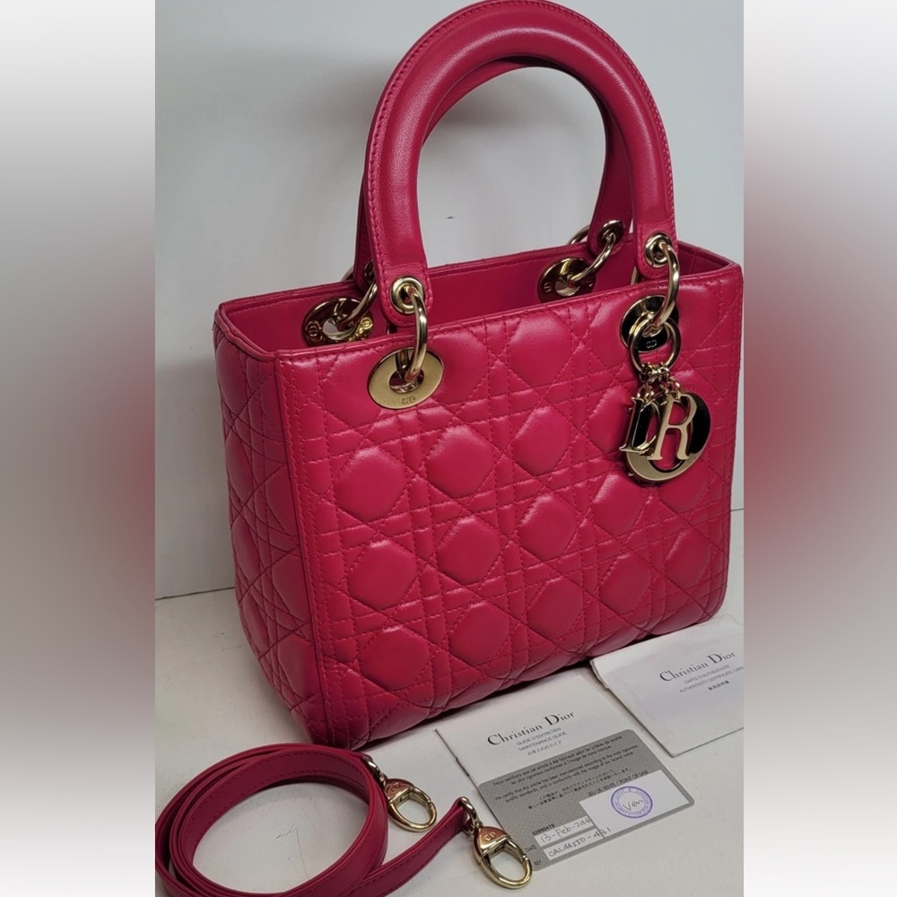 Christian Dior Pink Lambskin Lady Dior Cannage Handbag small/medium